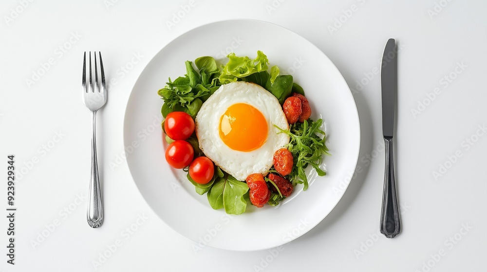 Fresh and healthy breakfast with fried egg, lettuce, and cherry tomatoes on a white plate Fresh and healthy breakfast with fried egg, lettuce, and cherry tomatoes on a white plate