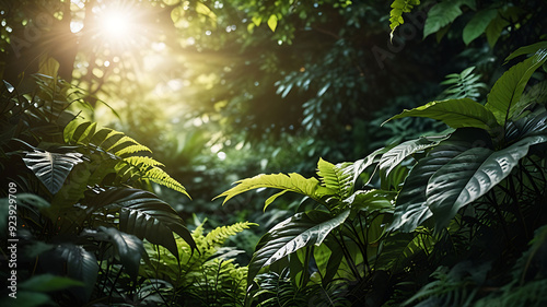 Nature-inspired aesthetic background with lush greenery and soft sunlight filtering through leaves