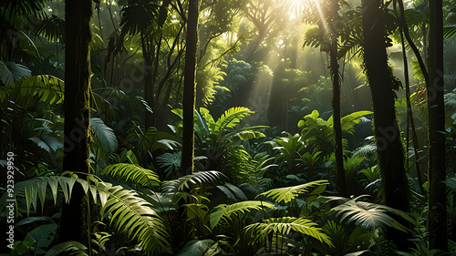 Rainforest canopy view with sunlight filtering through lush foliage and diverse plant life