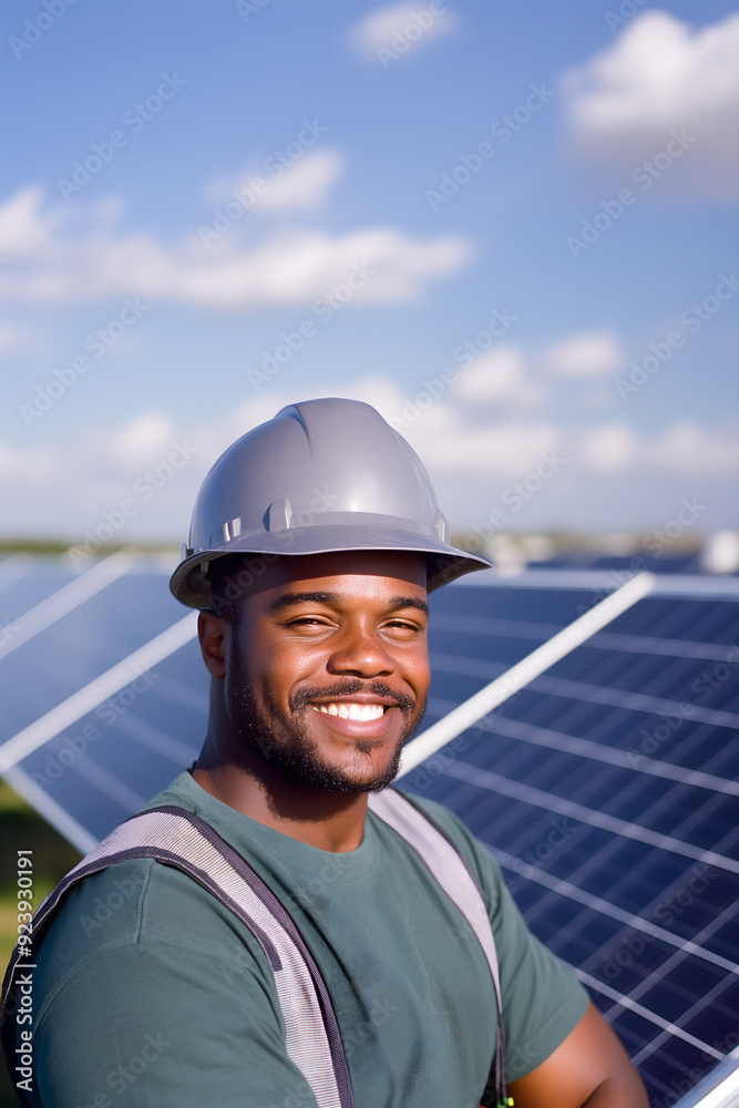 solar panels worker in hardhat; photovoltaic panels as a background; concept of quality, professionalism and taking care of details while mounting photovoltaical panel; copy space solar panels worker in hardhat; photovoltaic panels as a background; concept of quality, professionalism and taking care of details while mounting photovoltaical panel; copy space