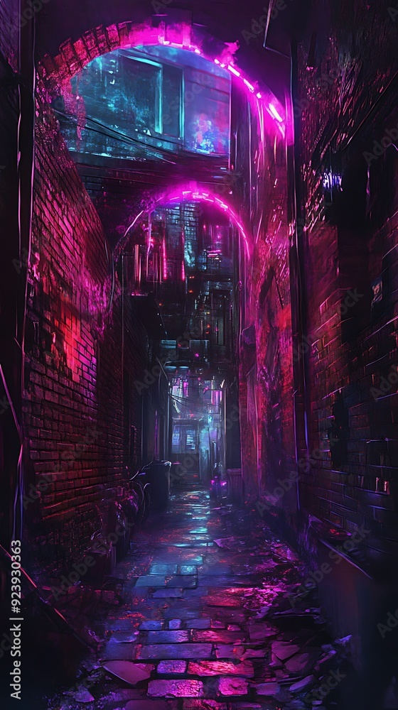Neon-Lit Brick Alleyway with Pink and Blue Lights Neon-Lit Brick Alleyway with Pink and Blue Lights