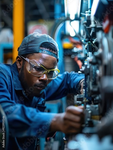 Maintenance staff repairing machinery, highlighting equipment upkeep (focus on, maintenance theme, ethereal, fusion, repair shop backdrop) photo