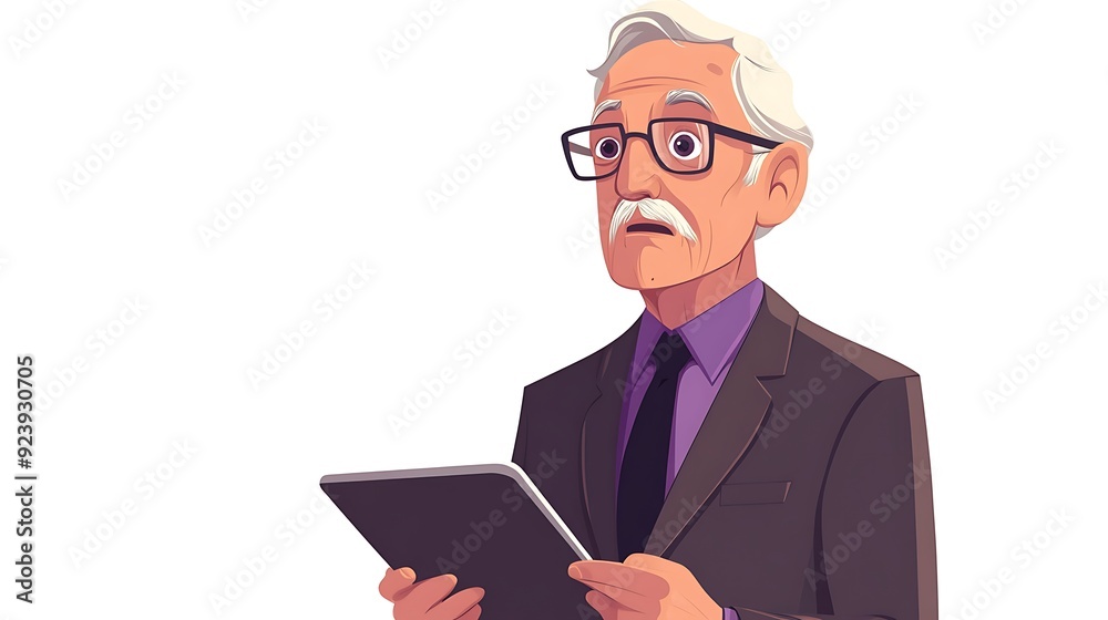 Senior Male News Anchor in Suit Holding Tablet - Cartoon Vector Illustration with Thoughtful Expression on White Background Senior Male News Anchor in Suit Holding Tablet - Cartoon Vector Illustration with Thoughtful Expression on White Background