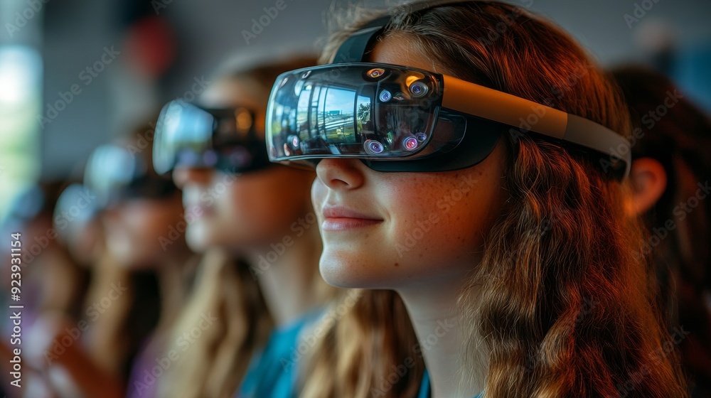 Augmented Reality Classroom: Students wearing AR glasses to interact with educational content. Augmented Reality Classroom: Students wearing AR glasses to interact with educational content.