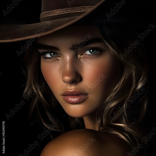 Closeup portrait of a confident blonde cowgirl, showcasing her face and shoulders with a striking, attention-grabbing expression