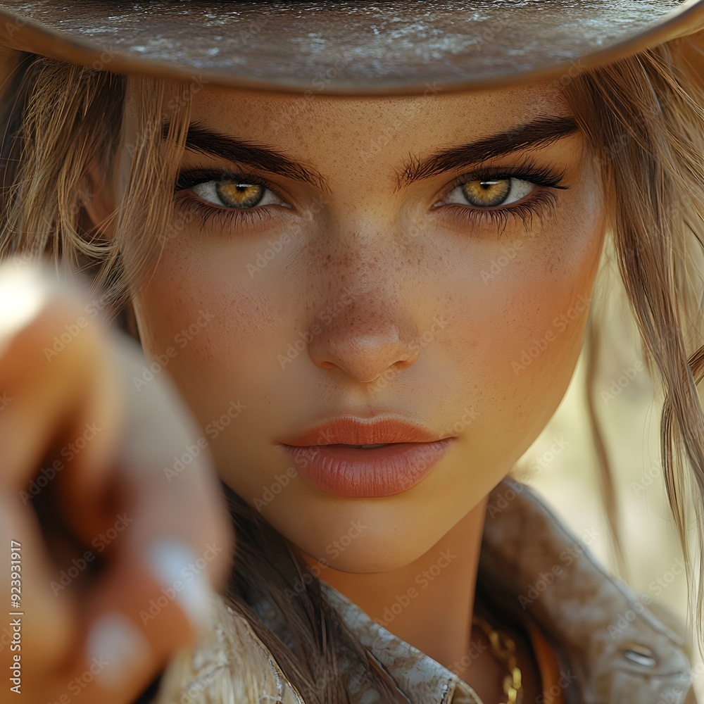 Closeup portrait of a confident blonde cowgirl, showcasing her face and shoulders with a striking, attention-grabbing expression Closeup portrait of a confident blonde cowgirl, showcasing her face and shoulders with a striking, attention-grabbing expression