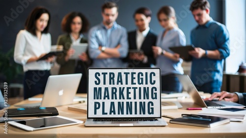 Strategic marketing planning image. Foreground with laptops, tablets, etc., background blurred group of male and female employees, zoom range.