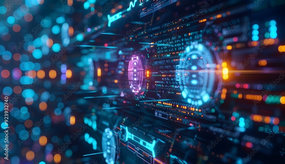 A closeup of an advanced data center with glowing holographic icons representing different types of mobius strip logo blockchain. background with glowing lights A closeup of an advanced data center with glowing holographic icons representing different types of mobius strip logo blockchain. background with glowing lights