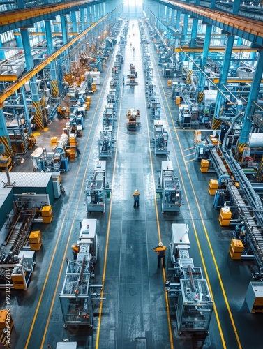 Factory floor with various production stations, emphasizing diversity in production (focus on, workflow theme, surreal, manipulation, production floor backdrop)