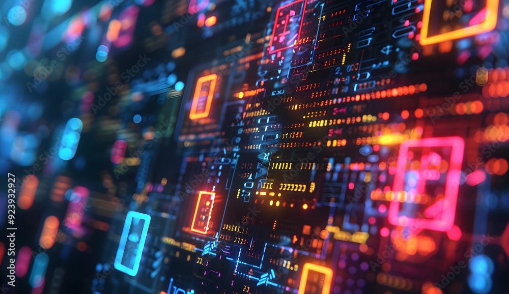 A closeup of an advanced data center with glowing holographic icons representing different types of mobius strip logo blockchain. background with glowing lights A closeup of an advanced data center with glowing holographic icons representing different types of mobius strip logo blockchain. background with glowing lights