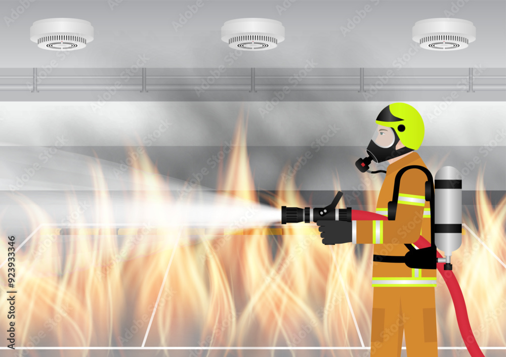Fototapeta premium Firefighter Spraying Water to Extinguish Fire on Burning Building or Burning Office. Vector Illustration. 