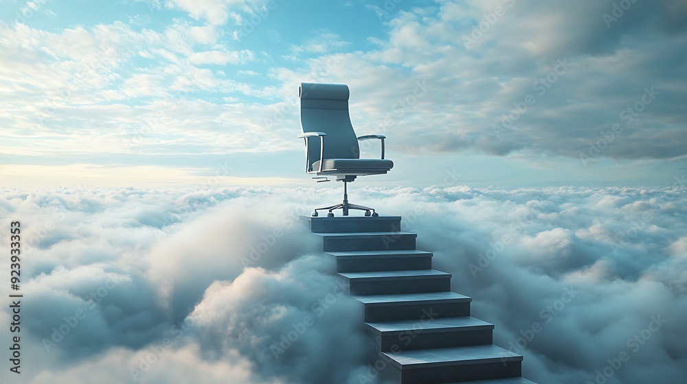 Ethereal Office: Surreal Stairs to Floating Chair in Clouds - High Resolution Surrealism with Realistic Touch. Prime Lens Capture. Natural Light Setting. Ethereal Office: Surreal Stairs to Floating Chair in Clouds - High Resolution Surrealism with Realistic Touch. Prime Lens Capture. Natural Light Setting.