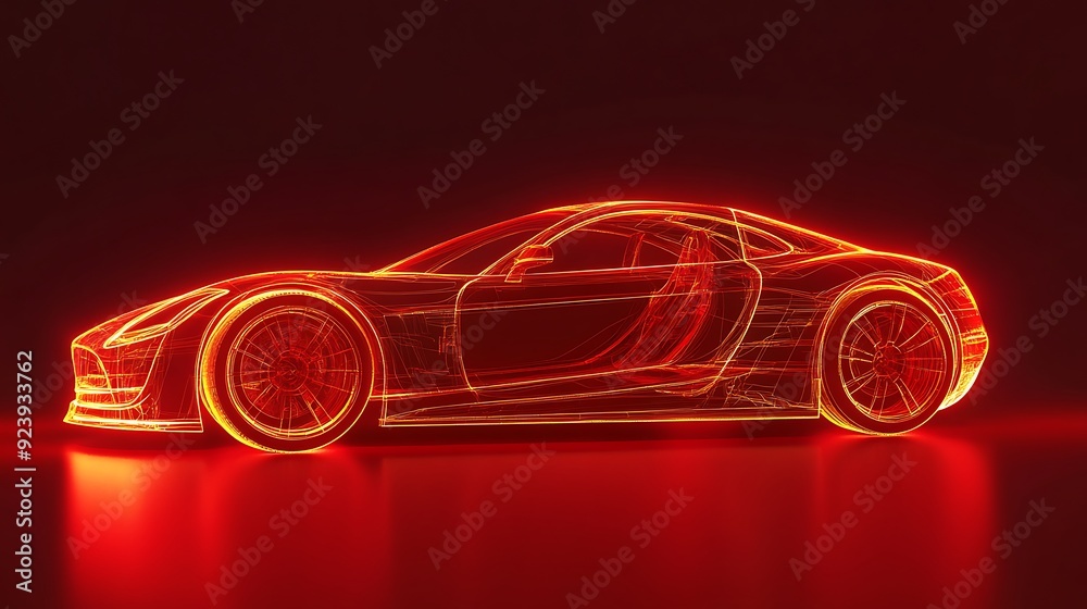 Fototapeta premium Futuristic Transparent Car on Red Background - High Quality Glowing Outline of a Vehicle in Stunning Resolution Style