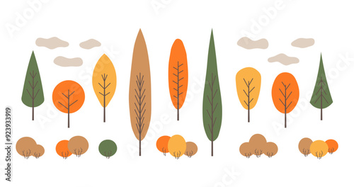 Vector set of autumn trees for design, flat.