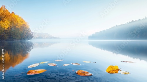 A leaf is floating on the surface of a lake