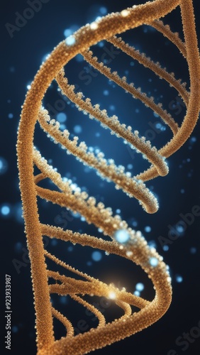 Double-stranded DNA helix in a dark background surrounded by smaller particles. photo