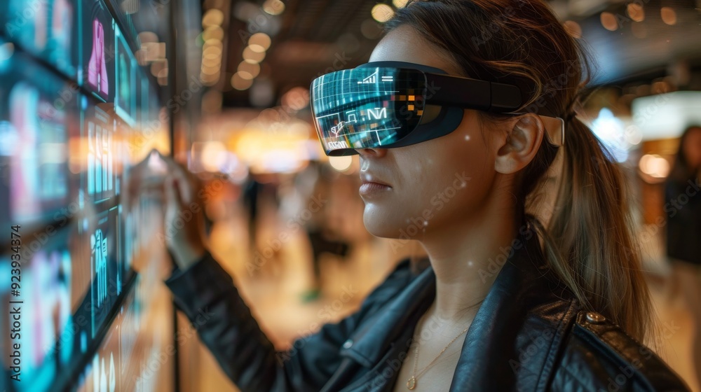 Augmented Reality Shopping Experience: A customer using AR glasses to interact with digital product information and virtual fitting rooms in a high-tech retail environment. Augmented Reality Shopping Experience: A customer using AR glasses to interact with digital product information and virtual fitting rooms in a high-tech retail environment.