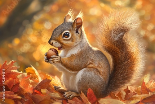 Playful squirrel holding an acorn, with its bushy tail curled up and eyes wide open, set against a backdrop of autumn leaves photo