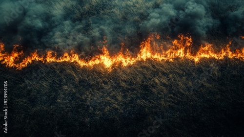 Flames advance across dry grasslands, releasing dark smoke into the sky, creating a powerful display of nature's fury during a wildfire photo