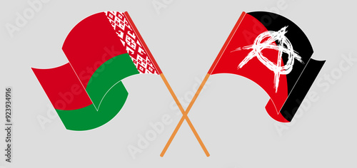 Crossed and waving flags of Belarus and Anarchy