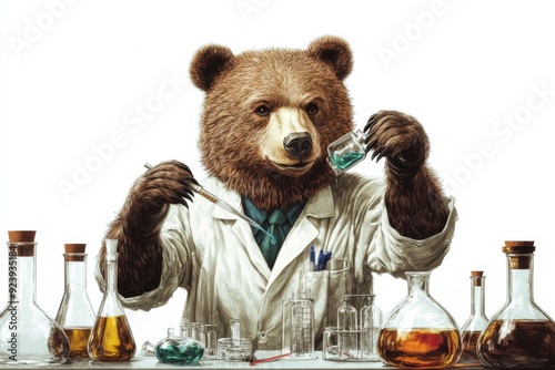 A bear in a lab coat is conducting experiments in a laboratory, surrounded by various scientific equipment and tools. photo