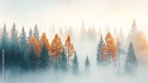 A misty, foggy forest with a mix of trees in various stages of autumn