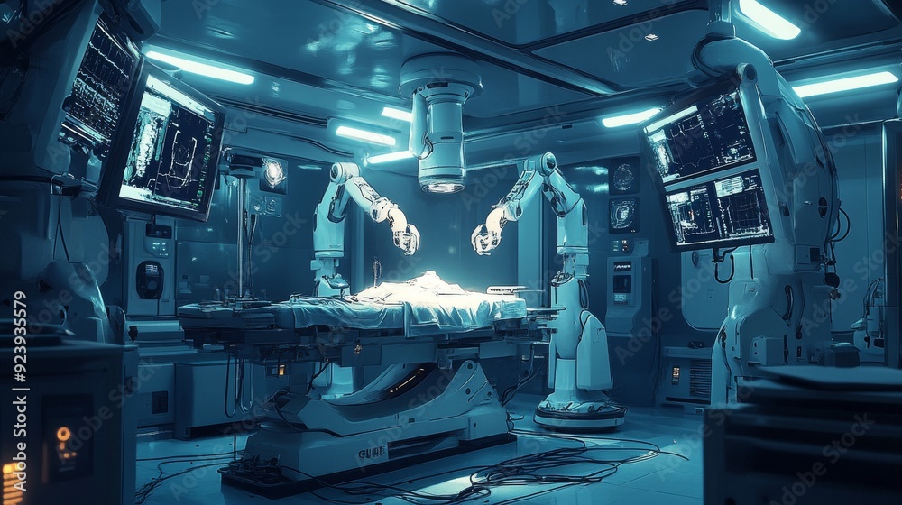 Automated Robotic Surgery: Robots performing surgery with precision in a futuristic operating room. Automated Robotic Surgery: Robots performing surgery with precision in a futuristic operating room.