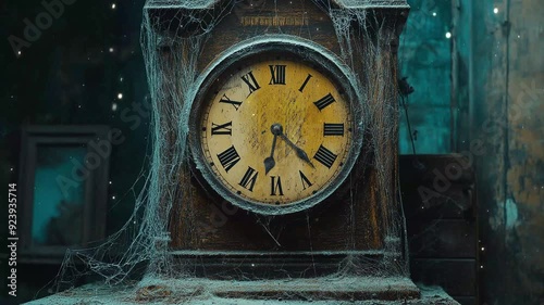 HD video of a spinning Old creepy rustic hand held clock coated in cob webs oh Halloween