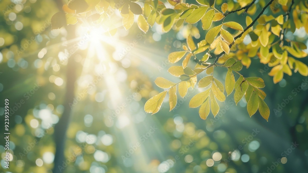 Obraz premium A forest with a sun shining through the trees