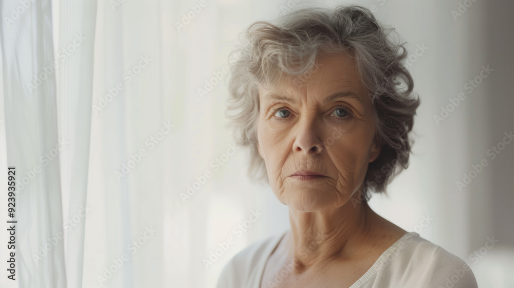 Elderly woman with thoughtful expression standing by sheer curtains, soft natural light. Concepts of aging, contemplation, and serene moments. Elderly woman with thoughtful expression standing by sheer curtains, soft natural light. Concepts of aging, contemplation, and serene moments.