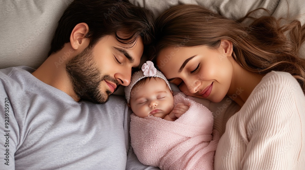 A father lovingly holds his sleeping newborn daughter, swaddled in a pink blanket, while enjoying a peaceful moment together in bed A father lovingly holds his sleeping newborn daughter, swaddled in a pink blanket, while enjoying a peaceful moment together in bed