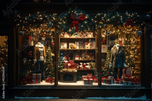 A stunning Christmas-themed window display featuring festive decorations, twinkling lights, and elegantly dressed mannequins. The perfect holiday scene to get you in the mood for Christmas.