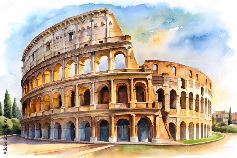 Fototapeta premium The Colosseum Rome Italy,Watercolor Painting, Adulation, Ancient, Antique white background. 