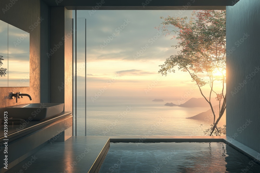 Fototapeta premium A peaceful bathroom scene with a stunning sea view, bathed in soft morning light. The minimalist Japanese-inspired design creates a sense of calm and relaxation.