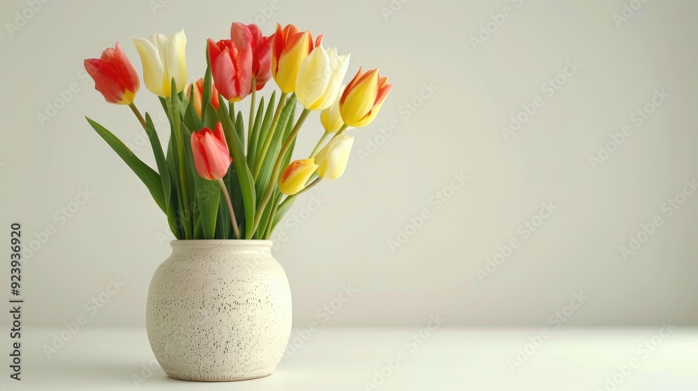 Beautiful bicolor tulips in vase isolated on white background with empty space Beautiful bicolor tulips in vase isolated on white background with empty space