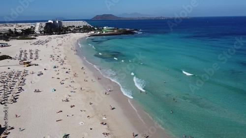 Stunning aerial view of Corralejo Grande Playas Beach in Furertevenuta, Canary Islands