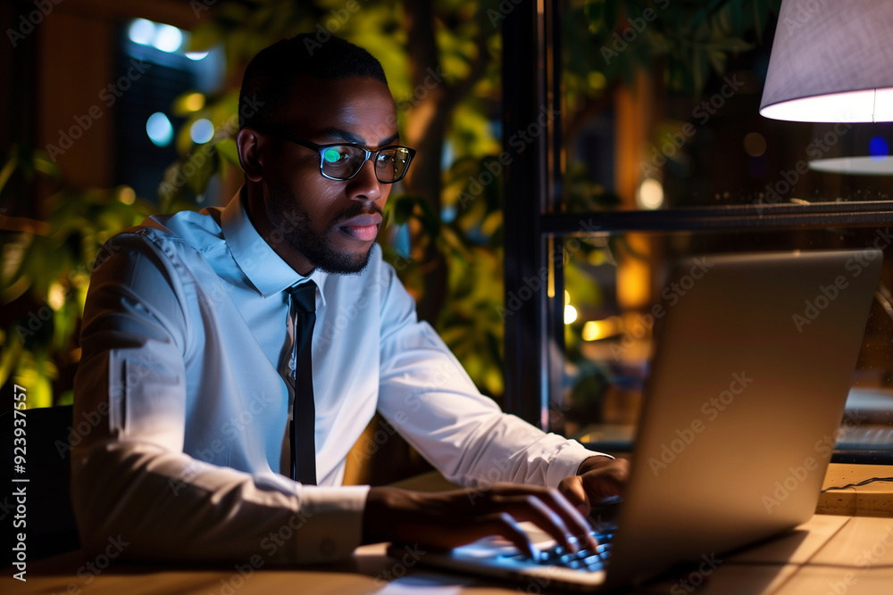 Researcher typing a report on a laptop in an office, focused task lighting, systematic mood. Generative AI Researcher typing a report on a laptop in an office, focused task lighting, systematic mood. Generative AI