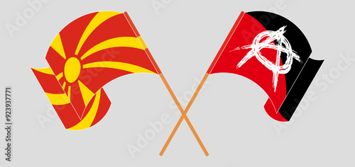 Crossed and waving flags of North Macedonia and Anarchy