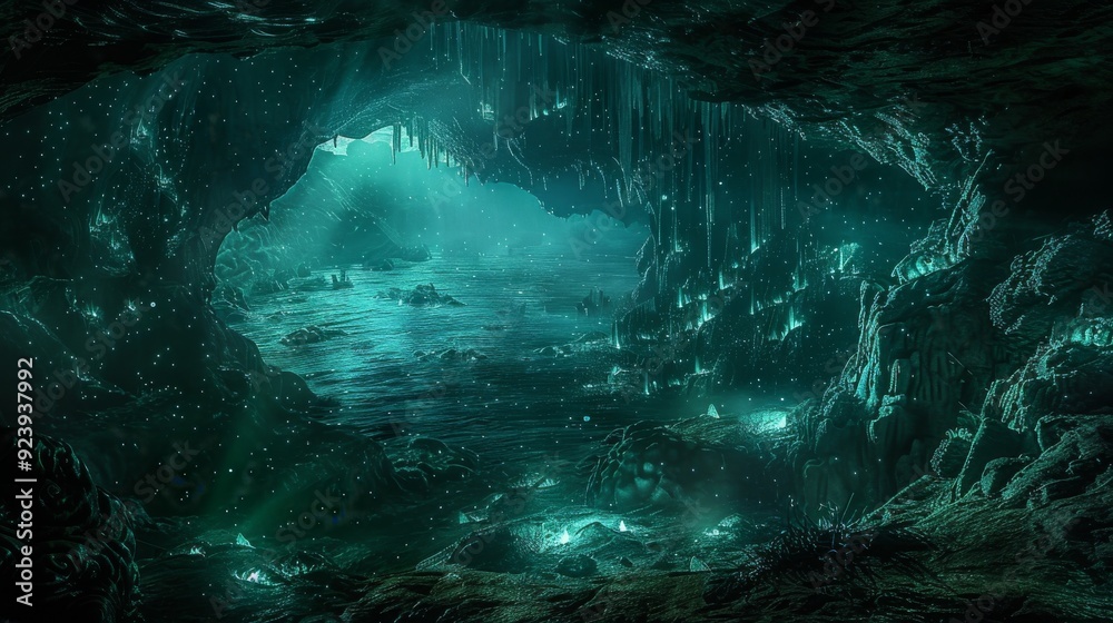 Bioluminescent Coral Caverns: Caverns filled with bioluminescent coral, glowing in the dark. Bioluminescent Coral Caverns: Caverns filled with bioluminescent coral, glowing in the dark.