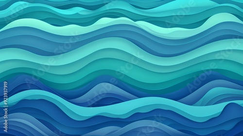 A vibrant, layered design depicting abstract ocean waves in shades of blue and teal.