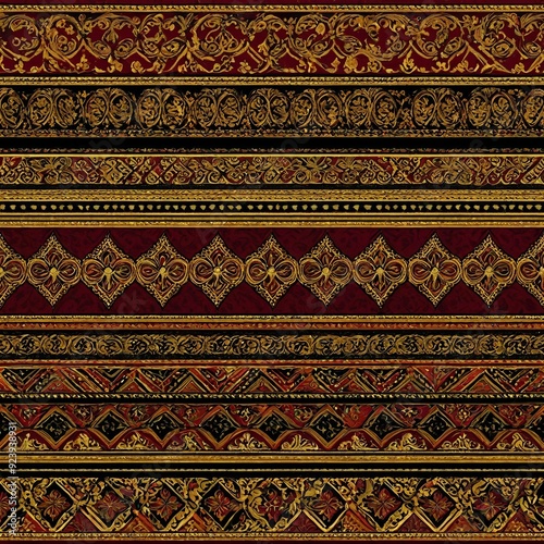 A vibrant striped pattern featuring red, black, and gold colors