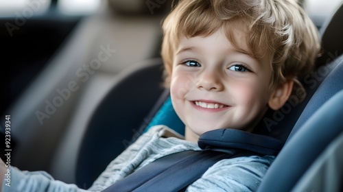 Cheerful Child Smiling in Car Seat on White Background for Automotive or Travel Ad