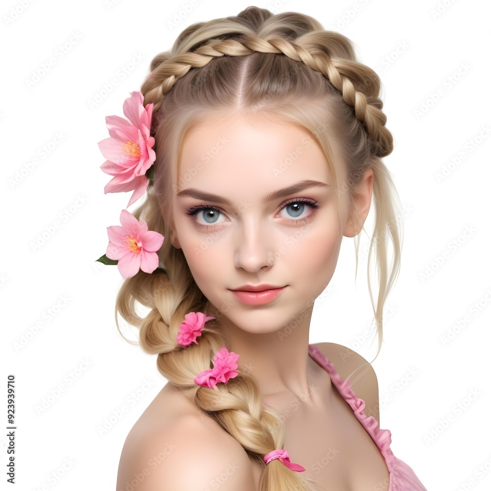 A young Caucasian woman with long blonde hair styled in a braided crown hairstyle, adorned with pink flowers A young Caucasian woman with long blonde hair styled in a braided crown hairstyle, adorned with pink flowers