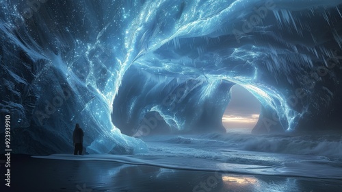 Bioluminescent Ice Caves: Ice caves glowing with bioluminescent patterns, creating an otherworldly atmosphere.