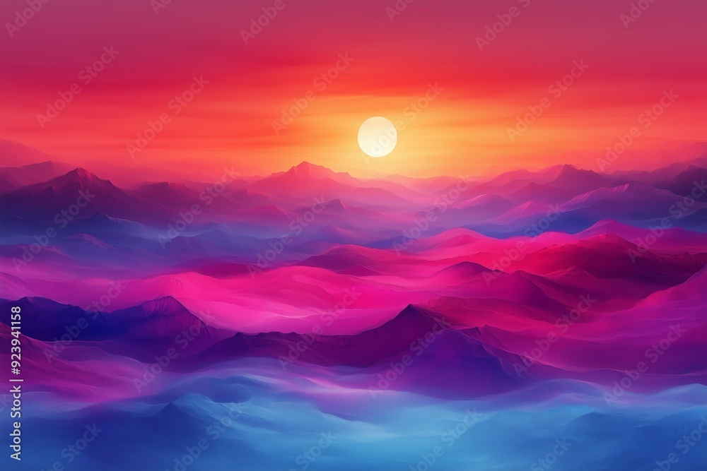 Fototapeta premium Vibrant sunset over layered mountains with purple and pink hues in the sky