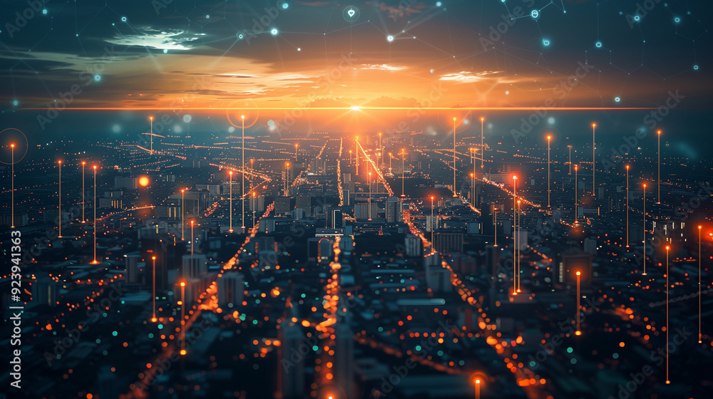 Futuristic cityscape at twilight with illuminated digital networks and a vibrant sunset.