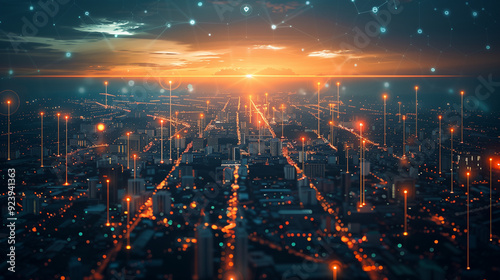 Futuristic cityscape at twilight with illuminated digital networks and a vibrant sunset.