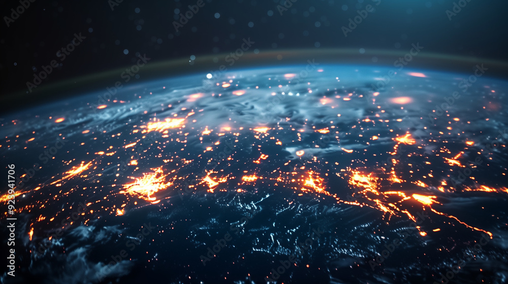 Space view of Earth illuminated by city lights, highlighting global urbanization at night.