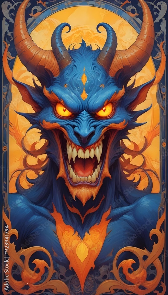 Fototapeta premium A fierce blue demonic creature with glowing red eyes, sharp fangs, and horns emerging from a dark background with fiery orange and yellow elements