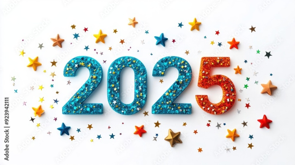 Obraz premium Festive background Happy New Year 2025. Multi-colored number 2025 with stars on a white background New Year celebration, close-up.